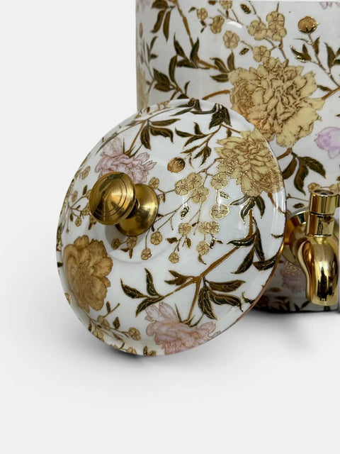White Enamel Copper Water Dispenser With Lid And Tap, floral design on handcrafted Indian pot for drinking water storage