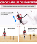 Top Shelf Countersink Drill Bit Set With Adjustable Depth Stop And Ball Bearing Guide For Woodworking shows depth adjustment and screw fitting.