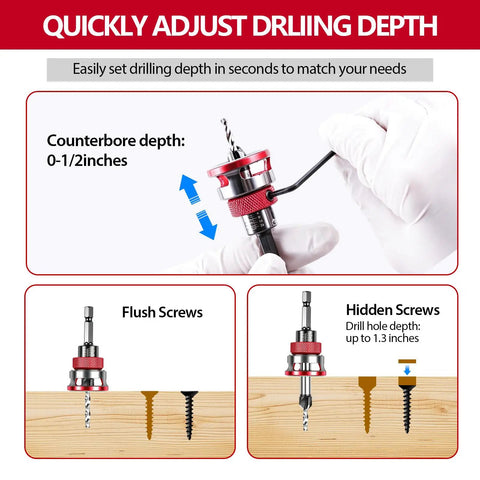 Top Shelf Countersink Drill Bit Set With Adjustable Depth Stop And Ball Bearing Guide For Woodworking shows depth adjustment and screw fitting.