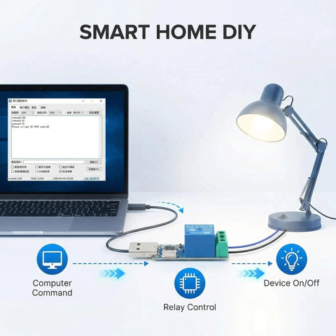 USB Serial Port Relay Module With Overcurrent Protection And Intelligent Command Control For Smart Home Automation Plug And Play Relay Switch Durable Lightweight, USB relay controlling lamp