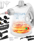 Powerful Portable Handheld Steamer Shooting Scalding Vapor To Wreck Stubborn Pan Grease And Baked On Filth On Tile Linoleum And Fabric Seats With 14 Heavy Duty Tools For No Sweat Scrubbing And Spotless Shine featuring water tank and tools.