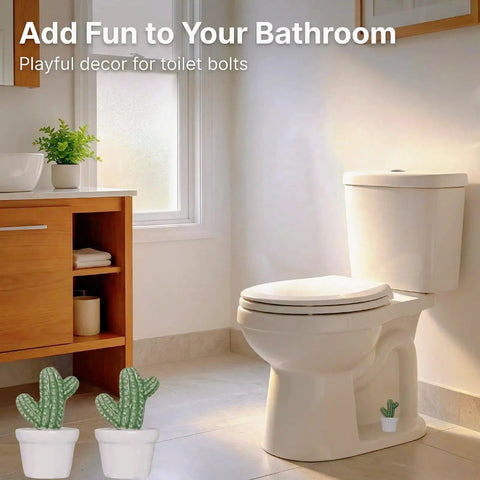 Ceramic Toilet Bolt Covers Decorative Bathroom Hardware Hand Painted Cactus Caps Quirky Garden Theme Water Closet Screw Caps Vibrant Green Succulent Design in a bathroom setting with a toilet.
