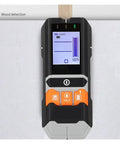 Straight Up Smooth Wall Scanner Featuring No Sweat Stud Detection And Deep Metal Sensor For Total DIY Home Repairs Plus Quick AC Voltage Tracking And Precision Moisture Measurement For Any Gig Project displaying wood detection on screen.