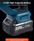 Close-up of high-capacity 4.0Ah battery on cordless sheet metal cutter, showing 20V max Li-ion battery compatible with Makita 18V.