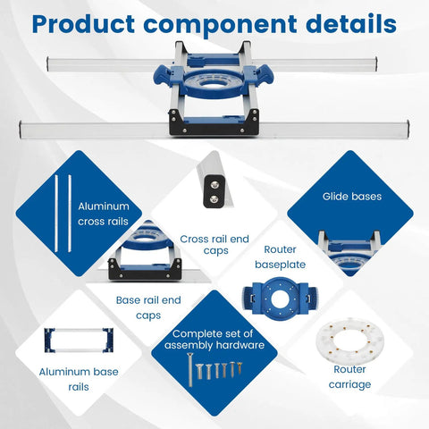 Product components of Pro Grade Slab Flattening Router Sled For Woodworking, Easy Setup Slab Jig including aluminum rails.