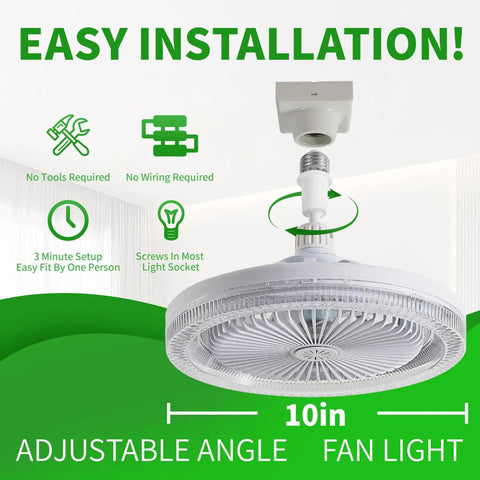 Ten Inch Screw In Ceiling Fan With Light Socket And Remote Controlled Dimmable Led Bulb Three Speeds slick compact fan installation with adjustable angle.