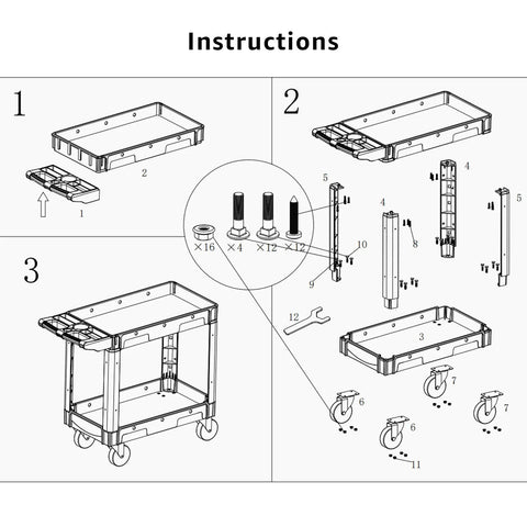 Assembly instructions for Heavy Duty Two Shelf Utility Cart On Wheels For Warehouse Office Restaurant And Garage Commercial Grade