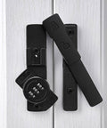 Matte Black 180 Degree Mechanical Password Lock, 3 Digit Keyless Flip Latch installed on a white door, zinc alloy construction