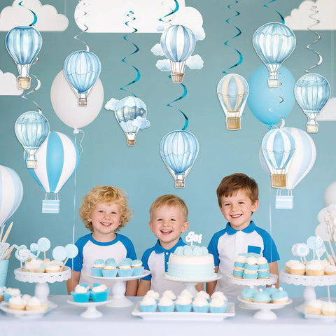 Blue Hot Air Balloon Baby Shower Decorations Kit Featuring 24 Hanging Swirls And Streamers With Cloud And Plane Travel World Theme