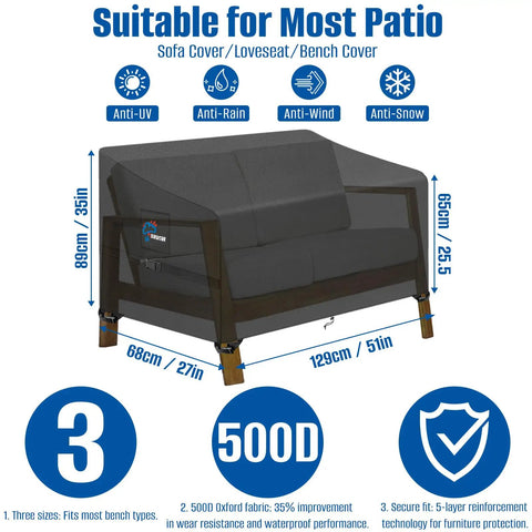 Heavy Duty 500D Oxford Waterproof Patio Loveseat Cover For 2 Seat Sofa 51W 27D 35H Beefed Up All Weather Protection shown on sofa