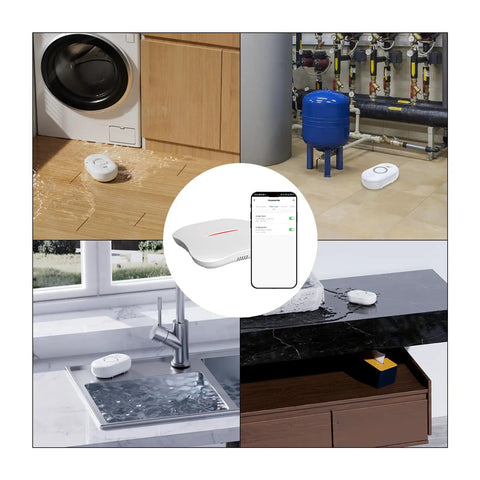 Smart WiFi Water Leak Detector For Home With Real Time App Alerts 2 4GHz Gateway And Six Sensors Keeps Your Phone In The Loop With Tuya App On iOS And Android placed by washer, sink, and pipe leak areas