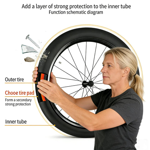 Woman demonstrating Two Pack Bike Tire Liners With 1.3mm TPU Puncture Protection on a bicycle wheel