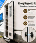 RV Magnetic Door Catch With Heavy Duty Hold Strong Magnet Door Stopper for Camper Use, shown holding RV door open securely
