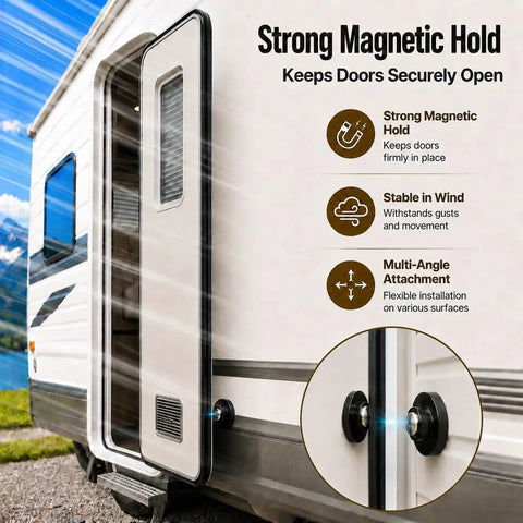 RV Magnetic Door Catch With Heavy Duty Hold Strong Magnet Door Stopper for Camper Use, shown holding RV door open securely