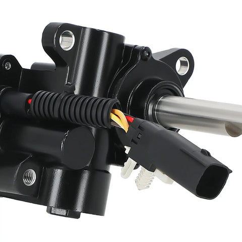Power Running Board Motor For Ford F-150 2015 To 2020 Front Left Driver Replacement With OEM FL3Z16A507A FL3Z-16A507-A black housing, wiring connector, and mounting shaft