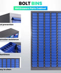 Nut And Bolt Organizer Cabinet For Hardware Storage With 100 Drawers And Dividers, Heavy Duty Steel Parts Organizer Measures 26 Inches By 9 Inches By 46 Inches, Labels Included For Your Shop, Garage, Or Office. Front view with open drawers.