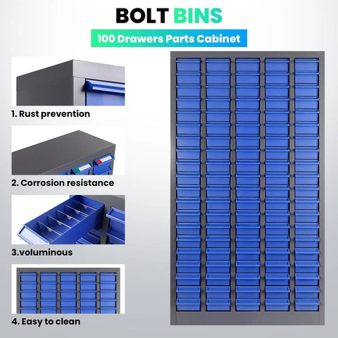 26 By 9 By 46 Inch Parts Cabinet With 100 Drawers for Nuts Bolts and Hardware Storage Beast Mode Heavy Duty Garage Organizer, blue.