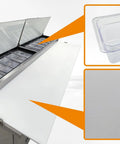 Built Tough Commercial Pizza Prep Table Refrigerator, 90 Inch Stainless Steel Workcounter with clear container and countertop.