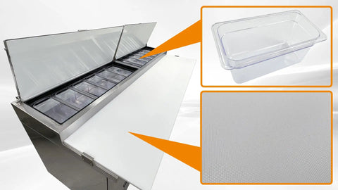 Built Tough Commercial Pizza Prep Table Refrigerator, 90 Inch Stainless Steel Workcounter with clear container and countertop.