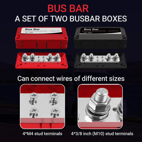 Kickass Heavy Duty 450A 48V DC Bus Bar Kit two red and black power distribution blocks with M8 studs for RV solar systems.
