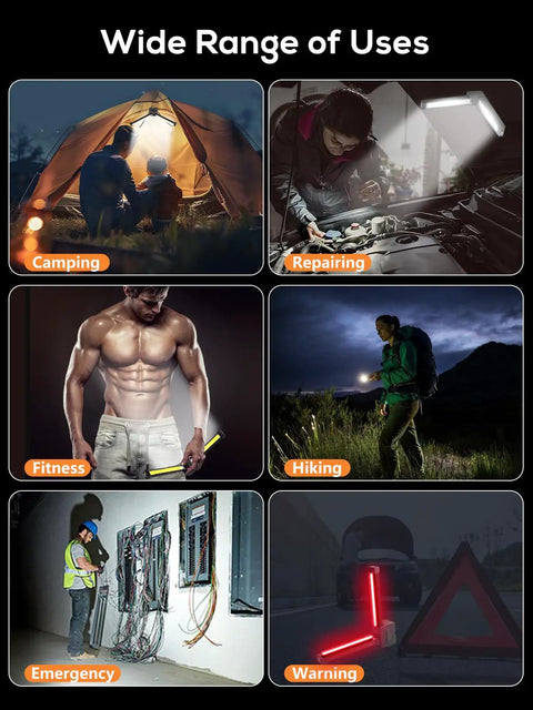 Portable Gym Lighting For Posing And On The Go Magnetic Foldable LED Work Light USB Rechargeable in various uses like camping, car repair, fitness, hiking.