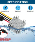 12V To 24V Boost Converter 3A Waterproof Power Module submerged in water showing aluminum casing and wiring features with protection icons