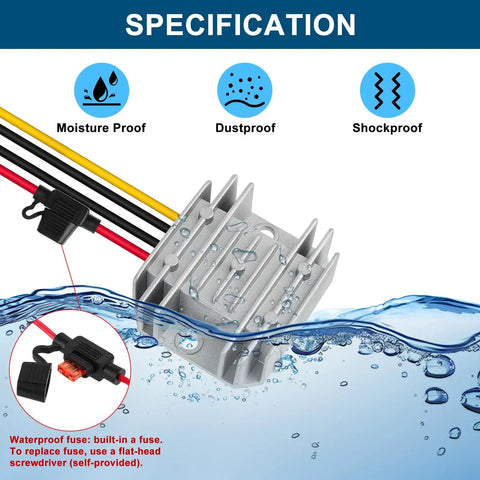 12V To 24V Boost Converter 3A Waterproof Power Module submerged in water showing aluminum casing and wiring features with protection icons