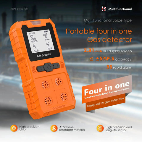 Portable 4 Gas Detector For LEL O2 CO H2S With LCD Display And Rechargeable Battery in orange, rugged design.