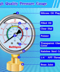 Oil Filled Water Pressure Gauge Three Quarter Inch GHT Female Thread 0 to 200 Psi Test Gauge Kit With Adapters visible.