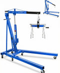 Professional Two Ton Folding Hydraulic Engine Hoist With Six Swivel Wheels And Adjustable Boom cherry picker in blue with sturdy frame.