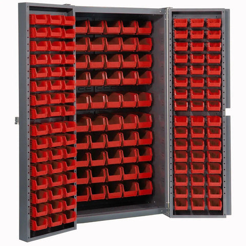 Top Tier Deep Door Bin Cabinet Loaded With 156 Red Plastic Storage Totes For Shop Organization with secure lock hasp.