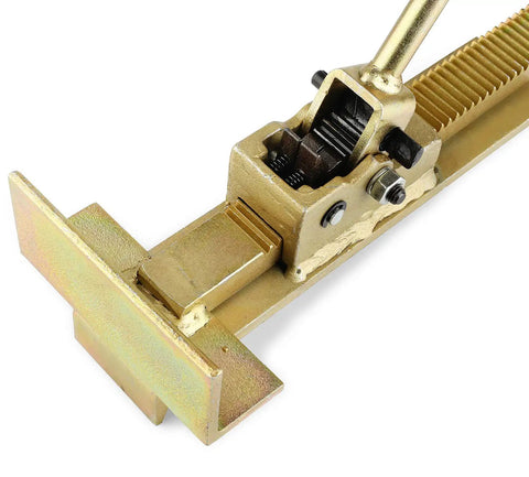 Pro Hardwood Flooring Jack And Positioning Tool close-up of ratcheting system and metal construction