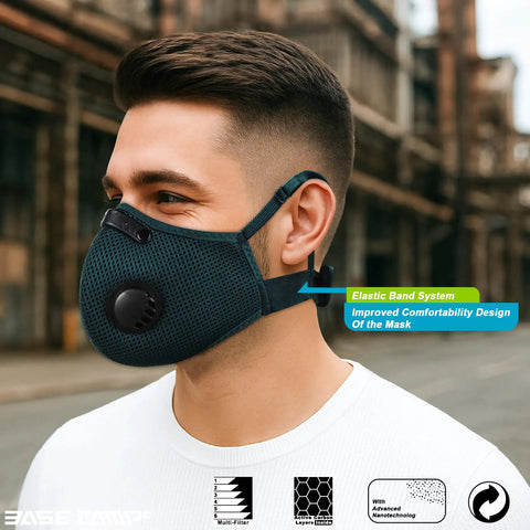 Man wearing Pro Grade Dust Mask Reusable Respirator For Woodworking And Construction, 99.9% Carbon Filters, Multicolor Face Protection.