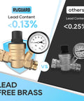 RVGUARD lead-free brass water pressure regulator valve with gauge; gold regulator shown beside a second metal regulator.
