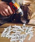 30 Pieces Aluminum Alloy Expansion Rivets Hammer Drive Expansion Rivet Knock Type Stainless Steel Rod Screws 5x11mm shown with drill