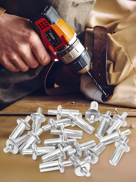 30 Pieces Aluminum Alloy Expansion Rivets Hammer Drive Expansion Rivet Knock Type Stainless Steel Rod Screws 5x11mm shown with drill