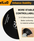3-1/2 inch semicircle blade from 156 Piece Multitool Blade Kit For Oscillating Tools With Cutting Sanding Scraping Blades Storage Bag Compatible With DeWalt Makita Dremel And More Great For DIYers shown with arc design