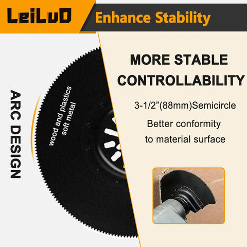 3-1/2 inch semicircle blade from 156 Piece Multitool Blade Kit For Oscillating Tools With Cutting Sanding Scraping Blades Storage Bag Compatible With DeWalt Makita Dremel And More Great For DIYers shown with arc design