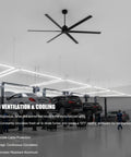 100 Inch HVLS Industrial Ceiling Fan with Quiet 90W DC Motor in a car shop, providing ultra cool airflow for mechanics.