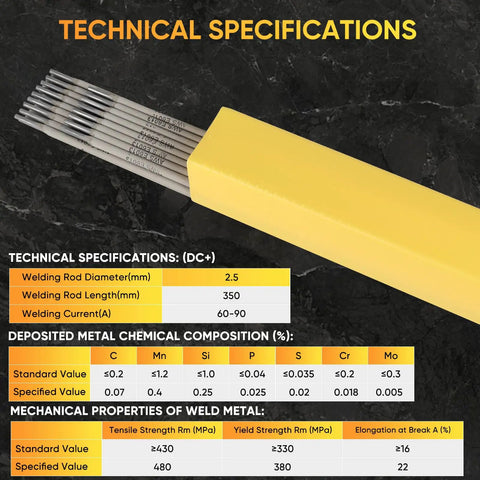 E6013 3 32nd Inch Welding Rods, 5Lb, All Positions Carbon Steel Electrodes for DIYers and Pros with specifications chart
