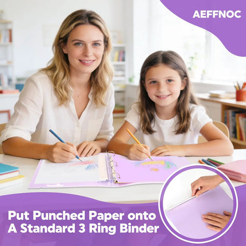 Mother and daughter using portable 3 hole puncher with built in 10 inch ruler for binders 5 sheet capacity three ring paper punch school tool