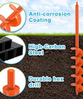 Heavy Duty Workhorse 4 By 32 Inch Auger Drill Bit For Planting And Post Holes Steel Garden Auger With Three Eighths Inch Hex Shank Bulb Planter Tool For Mailboxes Beach Umbrellas And Fence Posts Anti Rust Orange Coating with labeled features of durability, steel construction, and anti-corrosion