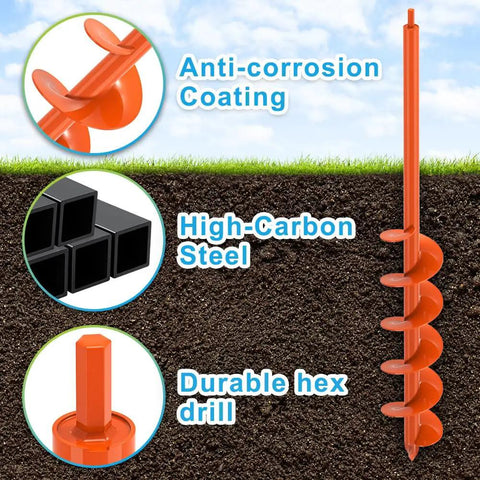 Heavy Duty Workhorse 4 By 32 Inch Auger Drill Bit For Planting And Post Holes Steel Garden Auger With Three Eighths Inch Hex Shank Bulb Planter Tool For Mailboxes Beach Umbrellas And Fence Posts Anti Rust Orange Coating with labeled features of durability, steel construction, and anti-corrosion