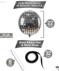 Showstopping 22 Inch Silver Disco Balloons Pack of 6 4D Sphere Balloons for Disco Party Decorations with helium and accessories.
