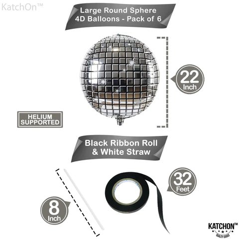 Showstopping 22 Inch Silver Disco Balloons Pack of 6 4D Sphere Balloons for Disco Party Decorations with helium and accessories.