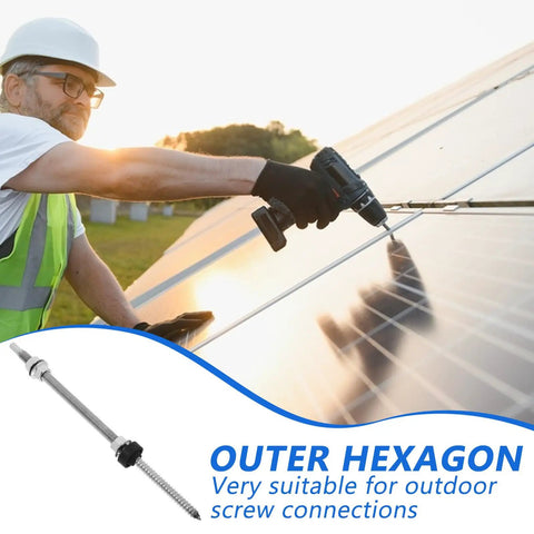 Man installing Tough As Nails Stainless Steel Solar Hanger Bolts With Dual Thread Adjustable Height For Zero Sag PV Mounting.