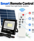 KUSOLE Outdoor Solar floodlight, Waterproof Rating IP67 300W with remote control and solar panel displayed.