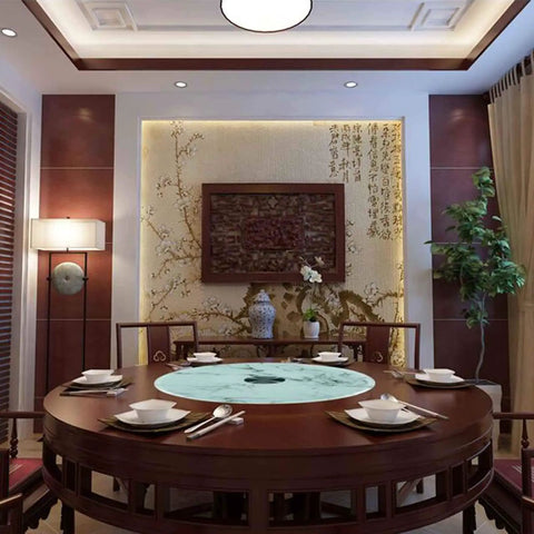 Dining room setup with an Explosion Proof Round Tabletop Rotating Serving Tray 360 Degree Turntable With Heavy Duty Glass Surface.
