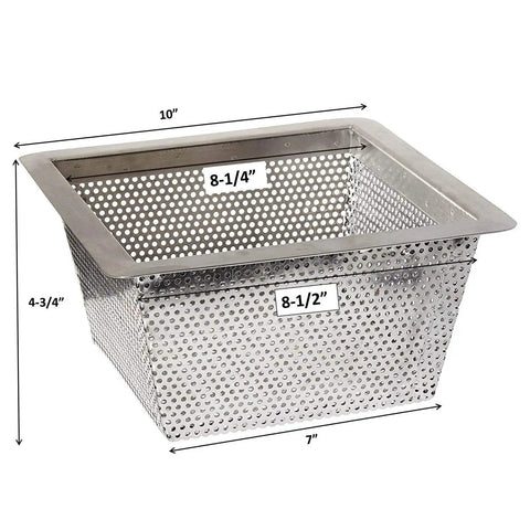 Stainless Steel Floor Sink Drain Basket Strainer 10x10 Inches 5 Inch Depth Heavy Duty Bar Grade Perforated Bottom Dimensions