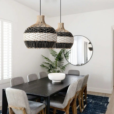 Black and white rattan pendant lights over dining table, Rattan Pendant Light For Kitchen Island Handwoven Lampshade Hanging Light Fixture